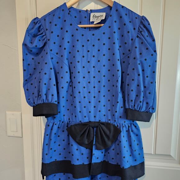 Vintage Peplum Dress Womens Small Blue Polka Dot 80s Glam Rock Retro Pinup Bow - Picture 3 of 14